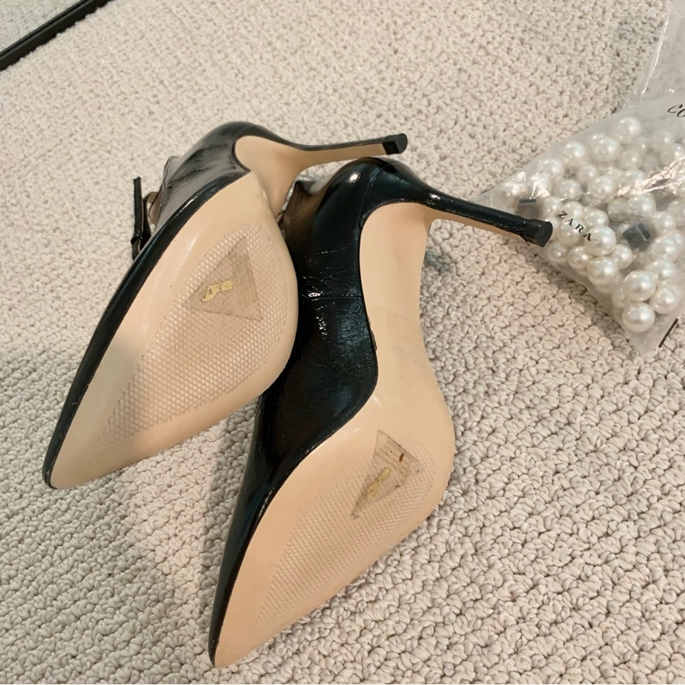 💎 ZARA Black Leather Court Shoes Beaded Ankle Strap Heels - Picture 9 of 13